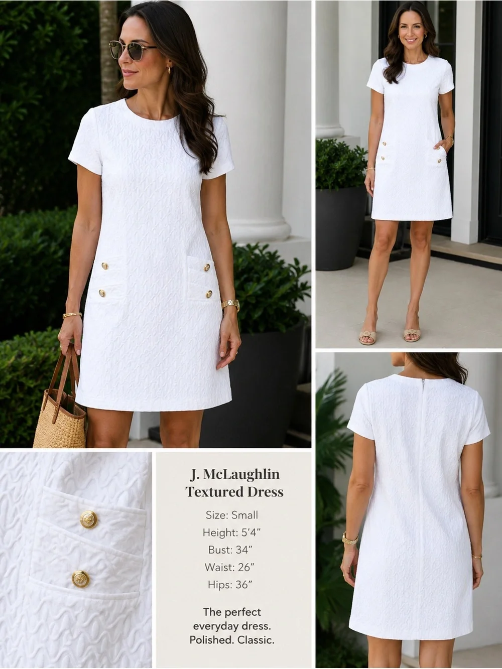 J. McLaughlin White Textured Jacquard Shift Dress Gold Button Pockets